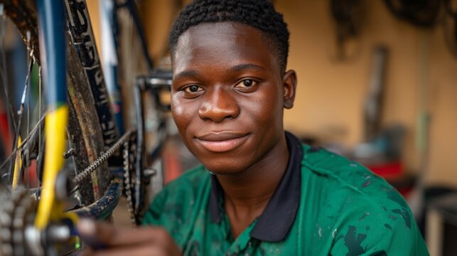 Man in bike shop working on bicycle. - Powered by Adobe