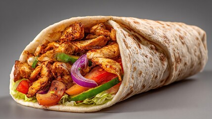 Close-up shawarma wrap with grilled chicken, salad, and onions on a grey background
