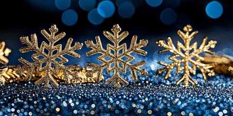 Enchanting snowflakes dance through a glittering blue night sky.