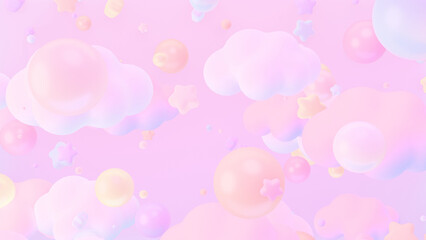 3D render pastel dreamy clouds, stars, and bubbles.