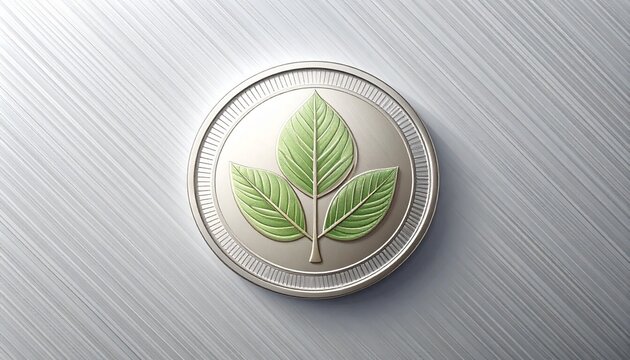 Eco-Friendly Coin Design Symbolizing Nature's Green Growth and Sustainable Practices on a Textured Silver Background