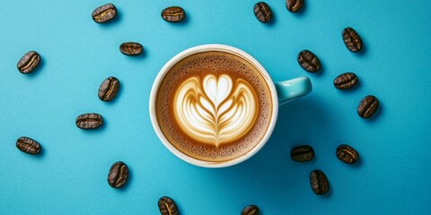 Visually appealing coffee cup set against a pastel blue surface.