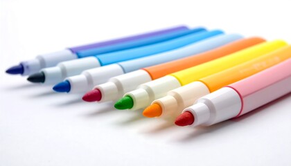 A collection of colorful markers, arranged in a row, showcasing various hues, set against a plain white background.