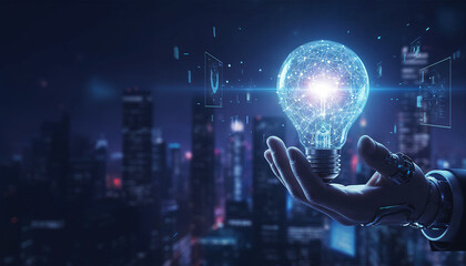 Hand holding a light bulb with a glowing effect and a network connection on a blue background, suggesting the idea of innovative technology, education, or business concepts.