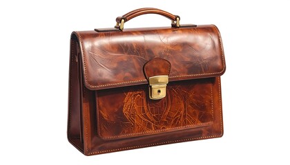 A meticulously crafted, rich brown leather briefcase, featuring intricate patterns and a classic design.