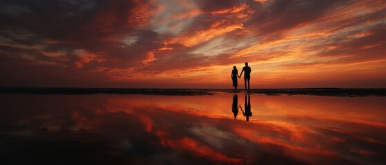 Romantic Couple Silhouettes Reflected on Water at Fiery Sunset, Evoking Serenity and Love.