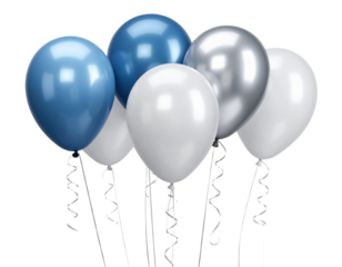 Stylish blue silver and white event balloons isolated on transparent background PNG
