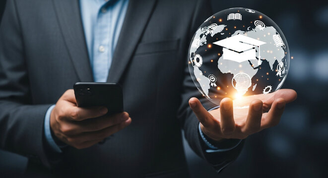 Man holding smartphone and glowing globe with education icons mobile phone - Powered by Adobe
