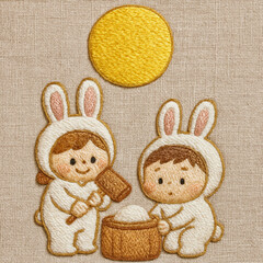 お月見の満月とうさぎの餅つき刺繍イラスト｜秋の行事・十五夜・中秋の名月・和風かわいいデザイン
