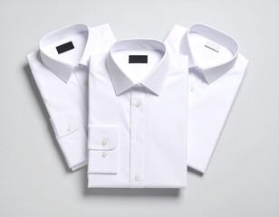Three folded white dress shirts on a gray surface