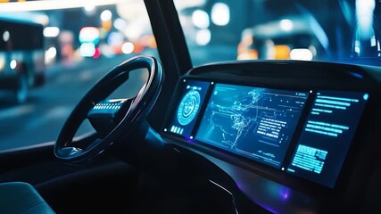 Futuristic Vehicle Interior with Digital Display and Steering Wheel - Powered by Adobe