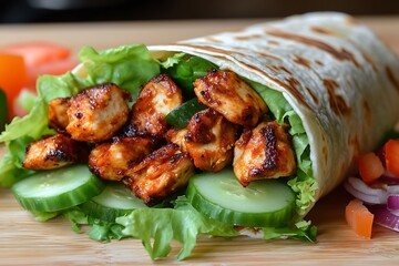 Delicious chicken wrap with grilled chicken, fresh lettuce, and cucumber, served on a wooden board for a healthy and flavorful meal