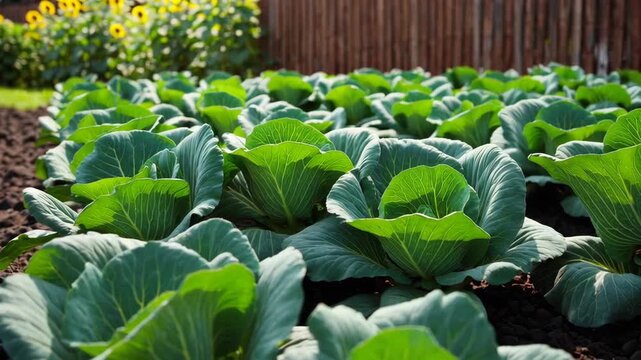 Lush cabbage field with sunflowers and fence under bright sunlight