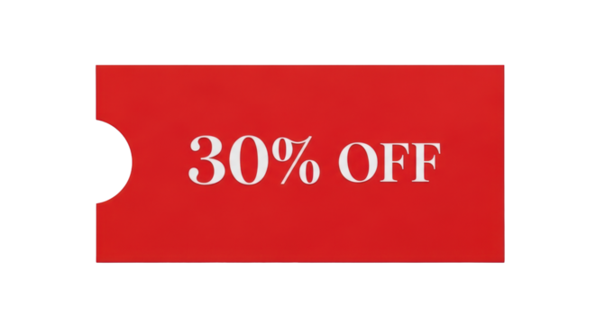 Isolated bright red paper price tag showing a promotion of thirty percent off the price