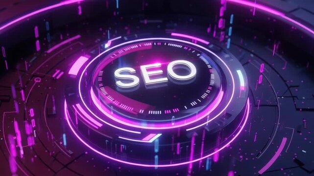 Abstract SEO illustration in vibrant neon colors, surrounded by glowing circles and digital patterns, captures concept SEO design. Detailed graphic SEO design with futuristic elements.