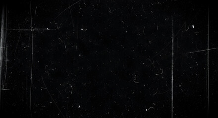 Dust and scratches design. Aged photo editor layer. Black grunge abstract background. Copy space. Black background.