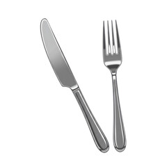 A polished silver knife and fork are shown against a white background, symbolizing dining and meal preparation.