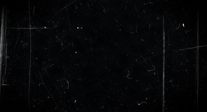 Dust and scratches design. Aged photo editor layer. Black grunge abstract background. Copy space. Black background.