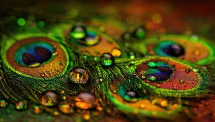 Close-up of iridescent peacock feathers,  water droplets
