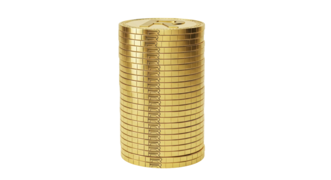 Isolated tall stack of shiny metal coins, financial success, investment concept, money savings