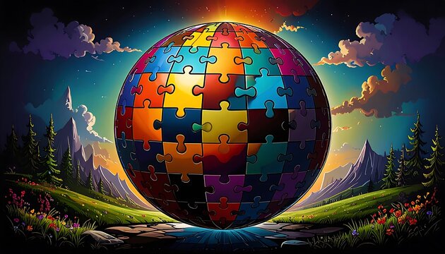 Colorful puzzle sphere resting on a grassy landscape