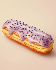 A delectable pastry featuring a lavender glaze and colorful sprinkles atop a light, golden eclair.