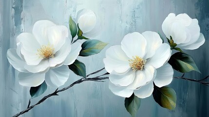 Oil painting white camellia flowers with abstract lines, symmetrical composition on light blue background