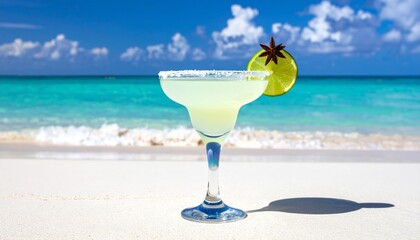 A cold tropical cocktail with a lime and orange slice sits on a white sand beach near the blue sea