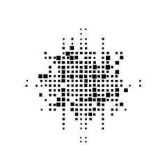 Abstract arrangement of black squares forming a central cluster on a white background with varying sizes