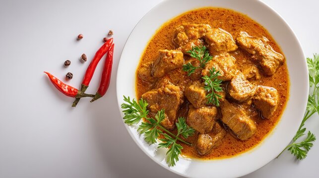 Plate of curry with meat chunks, peppers, and parsley against a white background - Powered by Adobe