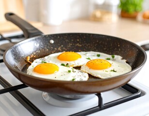 Three fried eggs in a pan on a stove
