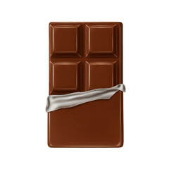 A close-up studio shot of a rectangular chocolate bar, partially unwrapped, showing the squares.