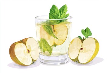 Refreshing apple mint beverage with fresh green apples and mint leaves, perfect for a summer day.