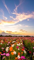 Colorful cosmos field at sunset