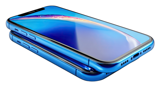 Blue Smartphone Technology Innovation: A sleek, ultramodern blue smartphone is perfectly stacked, showcasing cutting-edge mobile technology with a clean, futuristic aesthetic.
