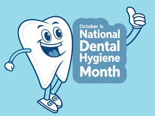 Cartoon Tooth Character Celebrates National Dental Hygiene Month in October with a Thumbs Up on a Light Blue Background