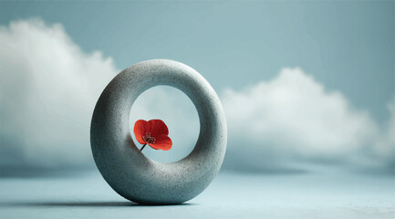 Tranquil Scene of a Red Poppy Flower Centered within a Stone Circle Against a Cloudy Sky Backdrop