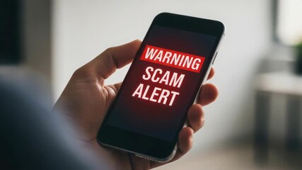 Scam alert displayed on mobile phone held in hand. Scam alert message warns about online fraud and phishing attempts, emphasizing dangers of cybercrime. - Powered by Adobe