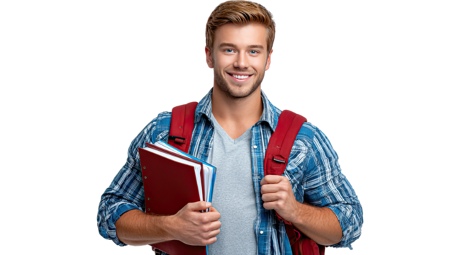 Student with Books and Backpack: A young, confident student, holding books and wearing a backpack, radiates a sense of preparedness, eager to learn and embrace new challenges.
