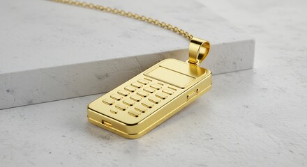 Shiny gold pendant of a retro mobile phone on a necklace, resting on a white stone surface.