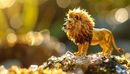 Naklejka premium Majestic golden lion figurine standing proudly on sparkling crystals amidst a sun-drenched, ethereal forest, symbolizing strength and wild beauty in a mystical glow