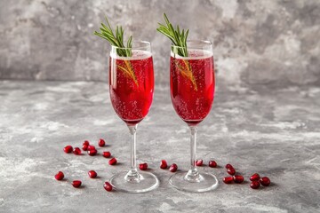 Two elegant glasses of sparkling pomegranate cocktails garnished with rosemary, creating a festive and refreshing vibe.