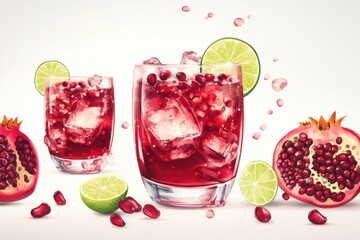 Refreshing pomegranate and lime drinks with ice, perfect for hot summer days, featuring vibrant colors and juicy garnishes.