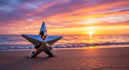 Shiny Star Ornament on Beach at Sunset with Vibrant Sky