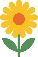 Simple Flat Style Sunflower with Green Leaf Plant Illustration