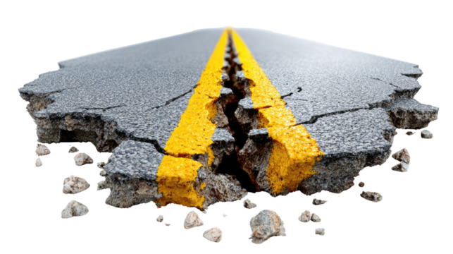 Cracked Roadway: A dramatic representation of a road crumbling, with a yellow line bisecting the broken asphalt, suggesting ruin, risk, or obstacles in the path ahead.