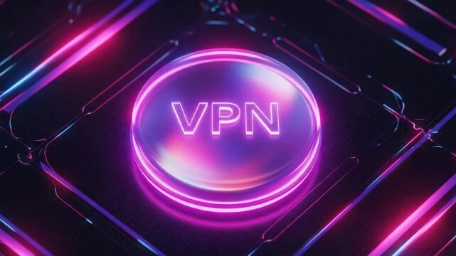Neon VPN sign with glowing circle and dark background symbolizing security and anonymity. VPN technology concept ensures secure browsing and protects data in digital space.