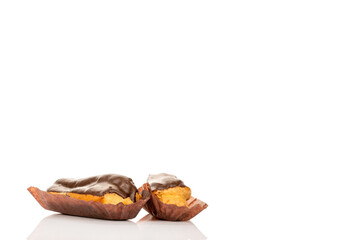 Chocolate sweet eclair, macro, isolated on white  background.