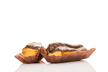 Chocolate sweet eclair, macro, isolated on white  background.