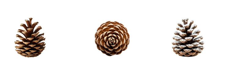 Three pinecones are isolated on transparent background, showcasing different shapes and textures. image highlights natural beauty and variety of pinecones, perfect for design projects